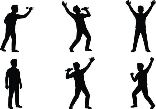 Male silhouettes icon collection featuring man throwing darts singing with microphone standing and celebrating victory vector illustration