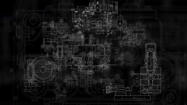 Animated mechanical engineering blueprint with truck and engine drawings