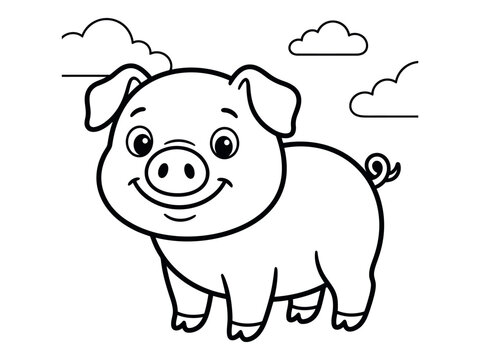 Cute pig with clouds coloring page illustration black and white silhouette