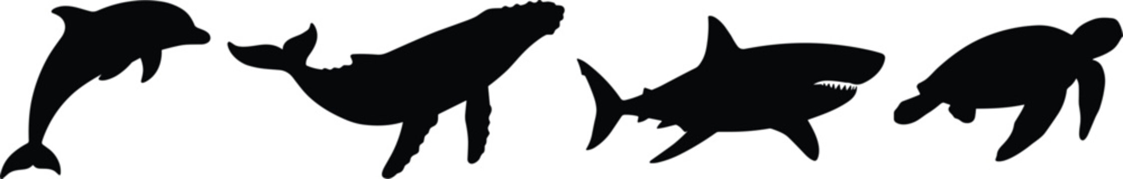 Marine wildlife ocean animals set featuring jumping dolphin humpback whale great white shark and sea turtle black silhouette