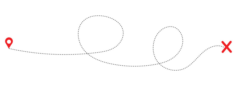 Quest route with map pin and dashed path. Dotted line route from location pin to red cross marker.