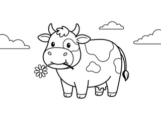 Obraz premium Cute cow eating flower with clouds coloring page illustration black and white silhouette