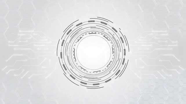 White circular HUD interface technical rings, circuit lines, hexagon texture, clean futuristic space. AI medical tech screens, data dashboards, software demos, security overlays, modern science intros