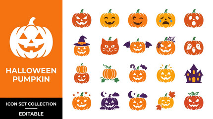 Obraz premium Comprehensive collection of creative Halloween pumpkin icons with diverse spooky and cute facial expressions for seasonal graphic design projects