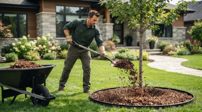 Gardener refilling a mulch ring around a young tree in a tidy backyard garden.