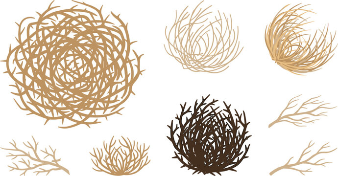 Tumbleweed Vector Icon Set Featuring Rolling Desert Weed Balls, Dry Dead Shrub Branches, and Western Wilderness Vegetation Elements for Arid Landscape Designs
