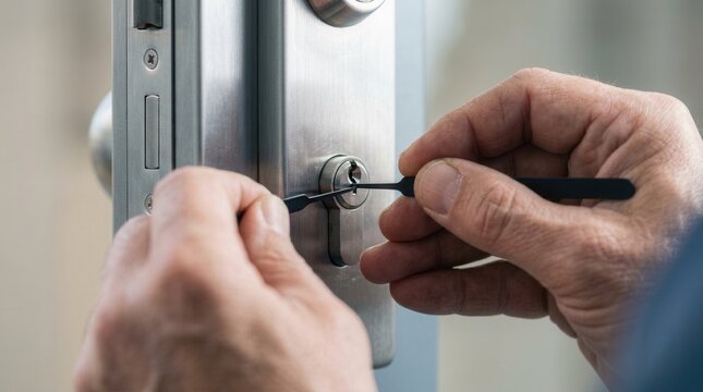 Skilled locksmith technician fixing a door lock mechanism in a metal door.