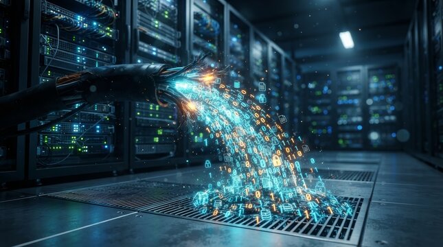 Data breach risk concept showing binary code spewing from a ruptured cable in a server room.