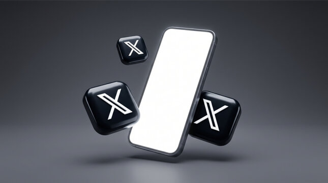 X Social Media Smartphone Mockup with 3D Floating Logos and Blank Screen. Modern Digital Platform Application Template for Mobile Device Interface Design Showcasing X Brand Identity and Logo.