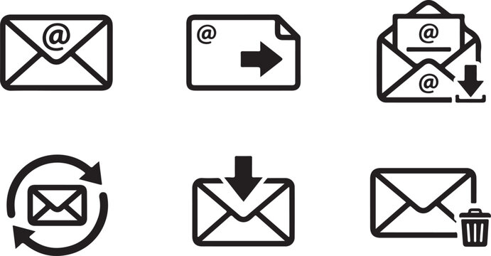 Email icon set showing send, receive, reply, download and delete actions Vector