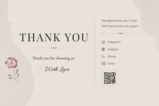 Editorial Luxury Beauty Thank You Card Template with QR Code and Contact Information