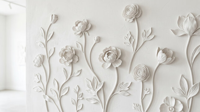 White Peony Flower Bas Relief Plaster Carving Wall Sculpture Background