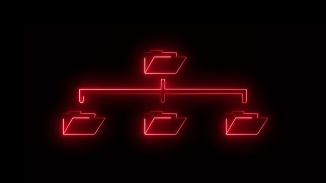 File folder hierarchy expanding and collapsing in a digital network red neon style video icon