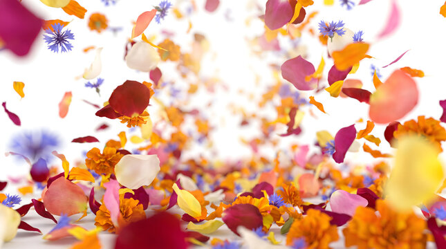 Colorful flower petals flying and scattering in mid air captured in close up detail