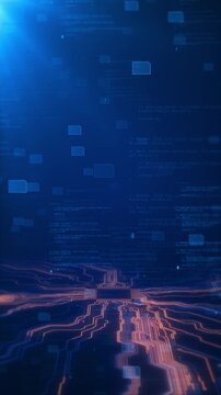 Dark blue coding technology glowing circuit floor, floating panels, software text patterns. programming cyber security intros, server promos, data dashboards, AI explainers futuristic digital overlays