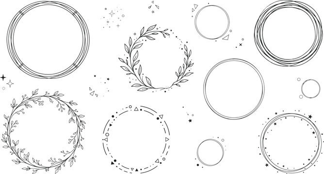 Celestial circle borders and laurel wreath line frames set showing geometric botanical star elements