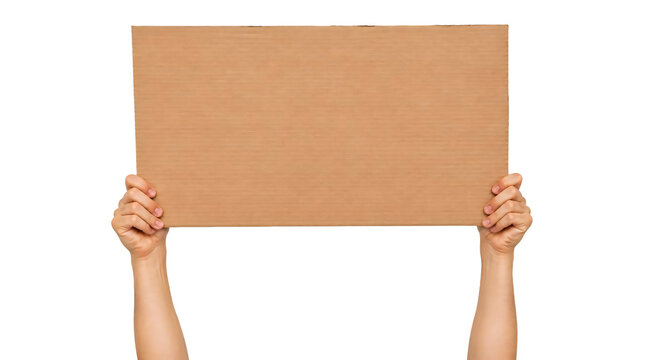 Hand lifting cardboard sign isolated on transparent background