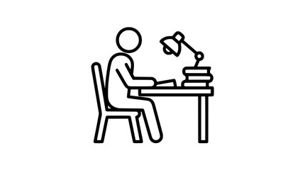 Fototapeta premium Person studying at desk with books and lamp, simple line art icon