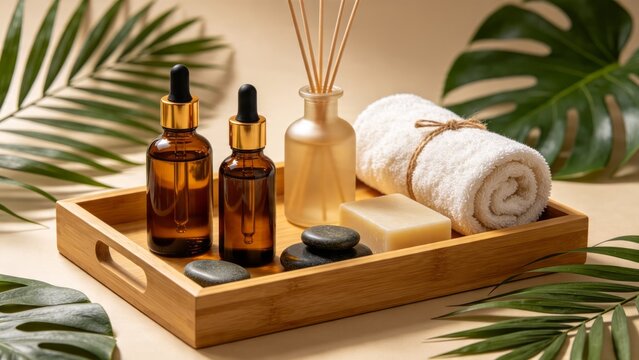 Luxury spa wellness products with palm leaves and towels