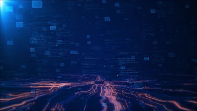 Futuristic software scene luminous circuit floating blue interface panels, deep digital space. app cloud technology promos, developer tutorials, code visuals, artificial intelligence tech openers.