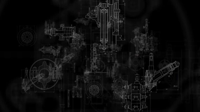 Technical mechanical blueprint animation background with engineering drawings