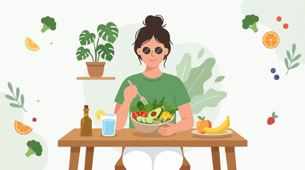 Young woman enjoying a fresh healthy salad, promoting a vegan lifestyle © Luna