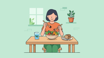 Fototapeta premium Woman enjoying a healthy salad meal at home, flat illustration