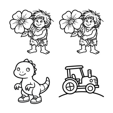 Charming black and white cartoon set caveboy dinosaur and tractor