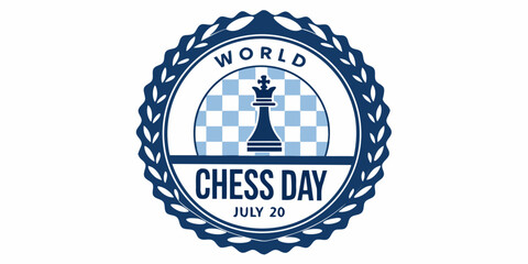 Chess Day Emblem With Blue Rook And Checkered Background Vector Illustration © bashanti