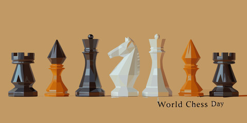 Geometric Modern Chess Pieces Lineup Against A Tan Background © bashanti