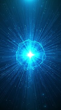 Electric blue explosion luminous shock wave, glowing core, speeding particles radiant center. sci fi clips, tech promos, game intros, digital transitions, space visuals, high energy motion graphics.