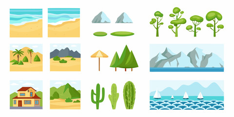 Desert And Coastal Landscape Elements Colorful Vector Illustration © bashanti