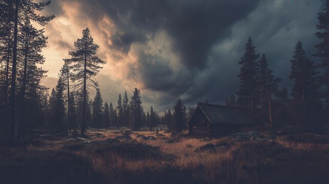 A secluded cabin nestled within a dark forest at the edge of a field under a dramatic sky.