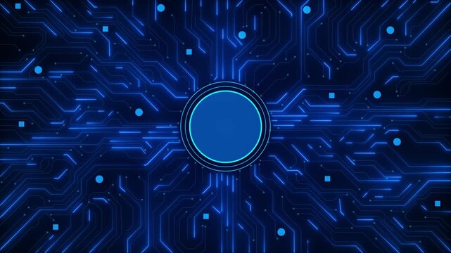 Blue circuit core technology glowing neon lines, central circle panel, electronic traces, dark digital grid. AI processor promos, software intros, data screens, cyber overlays, and futuristic loops.