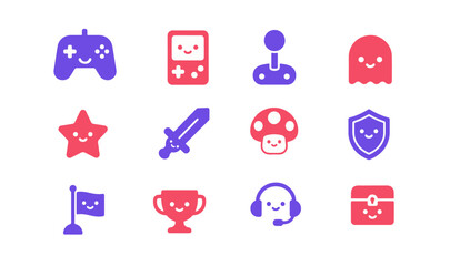 Cute cartoon gaming solid icon and sticker set. Vector collection of funny flat video game emojis like gamepad controller, arcade joystick, sword, shield, trophy, and headphones on white background.⁠ © Milena Davtyan