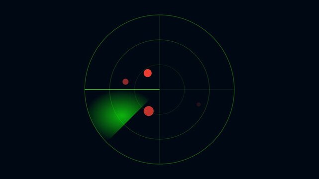 Digital radar screen scanning targets with rotating green sweep animation 4k sonar
