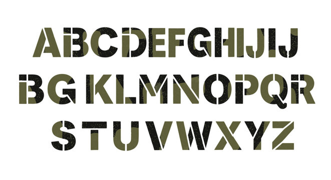 Full English alphabet in a military camouflage stencil font, featuring block letters with dark green and black patterns on a white background.