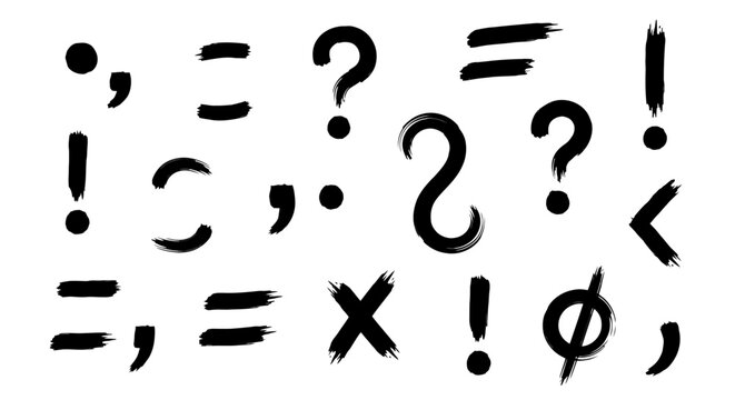A collection of hand-drawn punctuation marks and mathematical symbols in a rough, brushstroke style on a clean white background.
