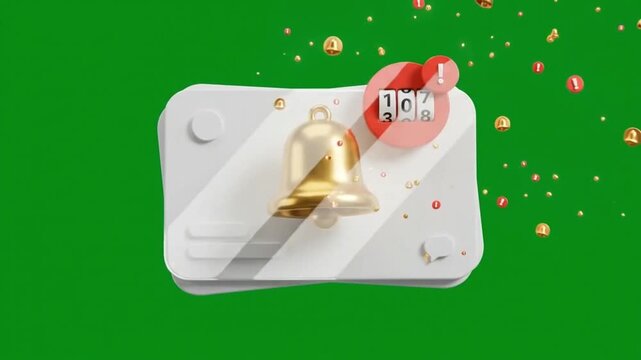 Animated notification bell icon with envelope and hearts on green screen background