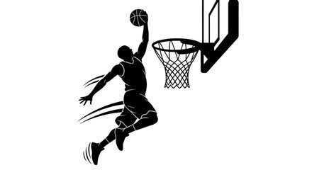 Dynamic silhouette of a basketball player performing a powerful slam dunk into a hoop against a white background. © Grangger