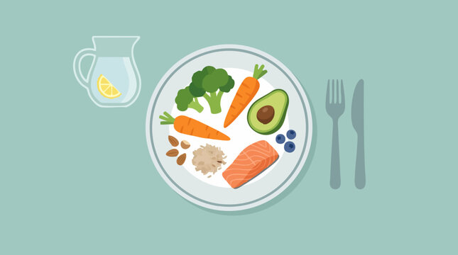 Healthy Balanced Meal Plate Illustration with Salmon, Veggies, Nuts, Water
