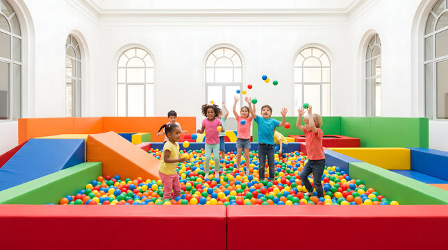 Children joyfully playing in a colorful ball pit indoors with vibrant balls and soft structures