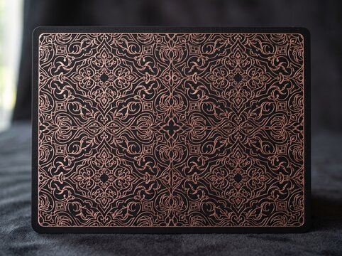 Dark Bronze Embossed Damask Pattern on Leather Texture Background, Luxury Vintage Ornamental Wallpaper Design