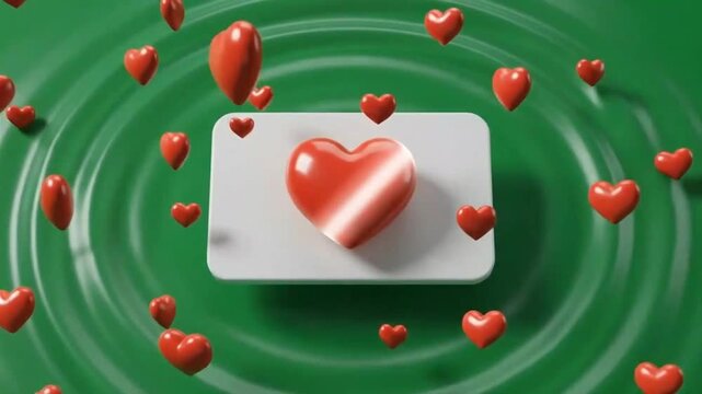 Animated red heart icon with cursor clicks and spreading love particles on green background