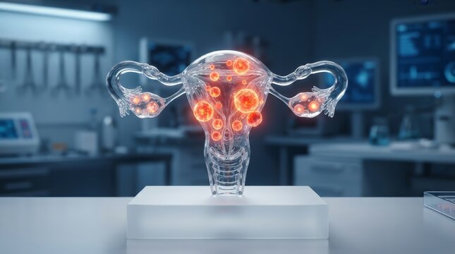 Transparent uterus model showing uterine fibroids and pelvic pain symptoms.