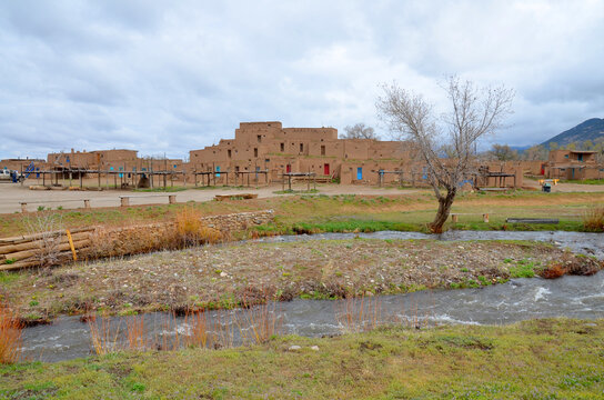 TAOS NEW MEXICO APRIL 20:. The historic Taos Pueblo in Taos NM USA.The adobe walls of mud and straw are typical of native American culture in the region