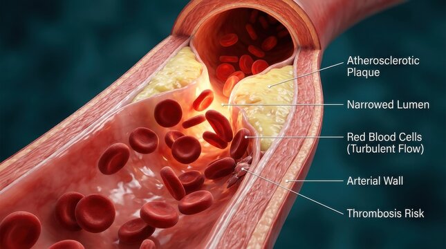 Atherosclerosis illustration narrowed artery with plaque buildup and turbulent blood flow visualization