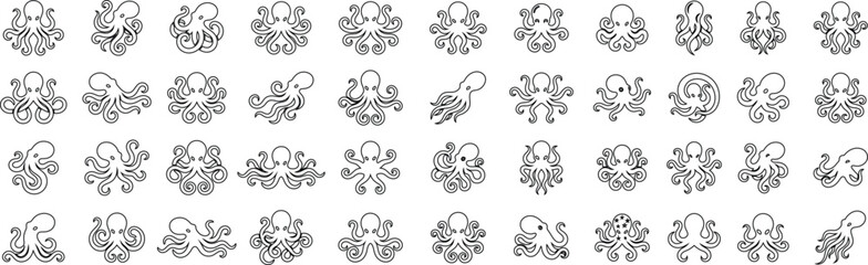 Set of black octopus icons and simple graphic silhouettes for sea life design projects © Sabbir
