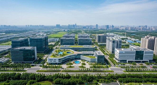 Aerial view of a sprawling modern technology park with sleek architecture and lush green spaces under a clear blue sky.