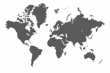 Dark gray world map silhouette against a white background depicting continents and oceans © Bipul